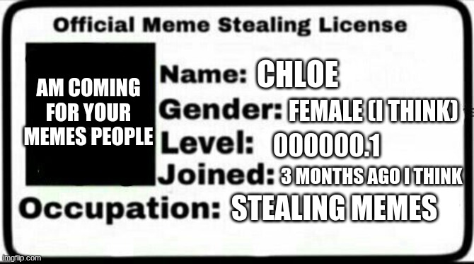 Meme Stealing License | AM COMING FOR YOUR MEMES PEOPLE; CHLOE; FEMALE (I THINK); 000000.1; 3 MONTHS AGO I THINK; STEALING MEMES | image tagged in meme stealing license | made w/ Imgflip meme maker