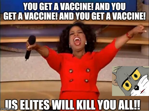 Oprah You Get A | YOU GET A VACCINE! AND YOU GET A VACCINE! AND YOU GET A VACCINE! US ELITES WILL KILL YOU ALL!! | image tagged in memes,oprah you get a | made w/ Imgflip meme maker