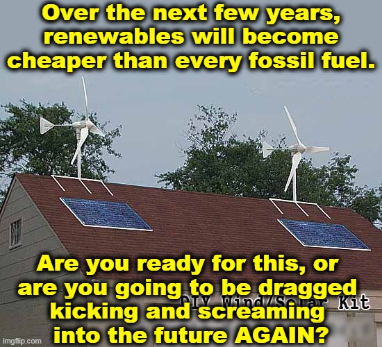 Over the next few years,
renewables will become cheaper than every fossil fuel. Are you ready for this, or 
are you going to be dragged 
kicking and screaming 
into the future AGAIN? | image tagged in renewable energy,cheap,fossil fuel,expensive | made w/ Imgflip meme maker