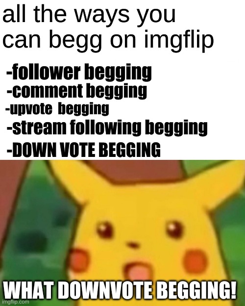 all ways you can begg | all the ways you can begg on imgflip; -follower begging; -comment begging; -upvote  begging; -stream following begging; -DOWN VOTE BEGGING; WHAT DOWNVOTE BEGGING! | image tagged in memes,surprised pikachu,follow,begging | made w/ Imgflip meme maker