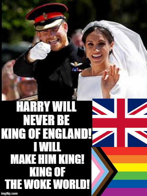 King of Woke World! | HARRY WILL NEVER BE KING OF ENGLAND! I WILL MAKE HIM KING! KING OF THE WOKE WORLD! | image tagged in woke | made w/ Imgflip meme maker