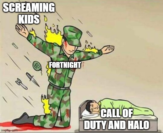 thanks fortnight | SCREAMING KIDS; FORTNIGHT; CALL OF DUTY AND HALO | image tagged in video games | made w/ Imgflip meme maker