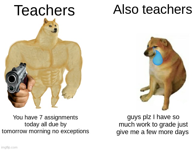 :l | Teachers; Also teachers; You have 7 assignments today all due by tomorrow morning no exceptions; guys plz I have so much work to grade just give me a few more days | image tagged in memes,buff doge vs cheems | made w/ Imgflip meme maker