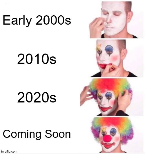 Never Go Full #Clownworld | Early 2000s; 2010s; 2020s; Coming Soon | image tagged in memes,clown applying makeup | made w/ Imgflip meme maker