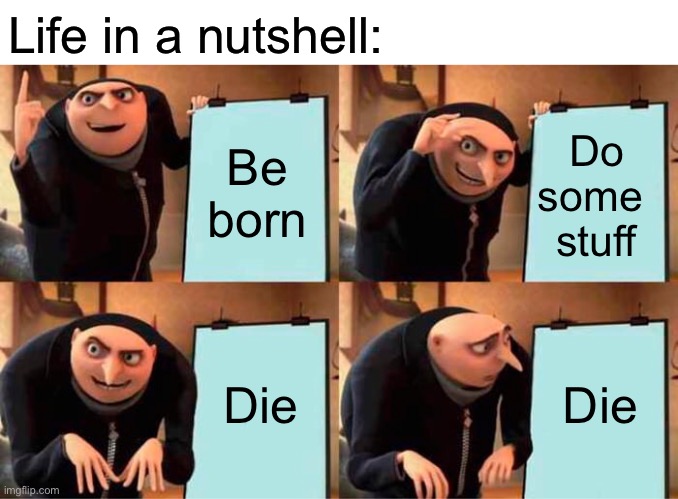 Gru's Plan Meme | Be born Do some 
stuff Die Die Life in a nutshell: | image tagged in memes,gru's plan | made w/ Imgflip meme maker
