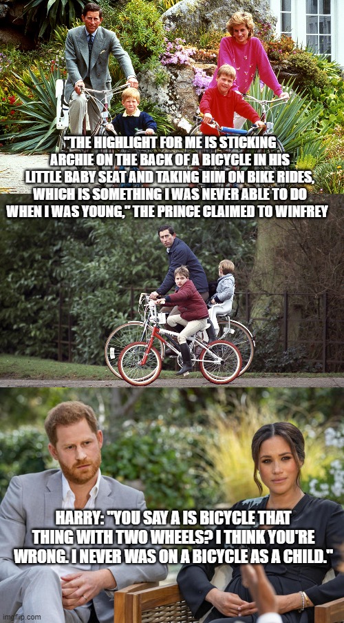 I never rode a bike...Harry. | "THE HIGHLIGHT FOR ME IS STICKING ARCHIE ON THE BACK OF A BICYCLE IN HIS LITTLE BABY SEAT AND TAKING HIM ON BIKE RIDES, WHICH IS SOMETHING I WAS NEVER ABLE TO DO WHEN I WAS YOUNG," THE PRINCE CLAIMED TO WINFREY; HARRY: "YOU SAY A IS BICYCLE THAT THING WITH TWO WHEELS? I THINK YOU'RE WRONG. I NEVER WAS ON A BICYCLE AS A CHILD." | image tagged in prince harry,oprah,funny liars | made w/ Imgflip meme maker