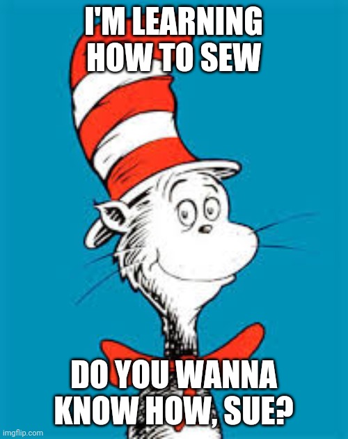 Dr. Seuss  | I'M LEARNING HOW TO SEW; DO YOU WANNA KNOW HOW, SUE? | image tagged in dr seuss | made w/ Imgflip meme maker