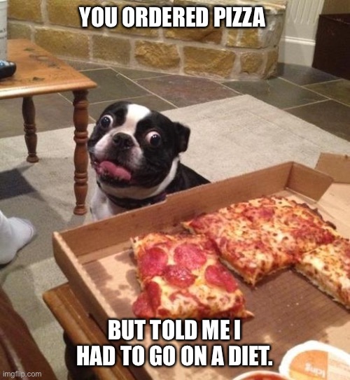 Hungry Pizza Dog |  YOU ORDERED PIZZA; BUT TOLD ME I HAD TO GO ON A DIET. | image tagged in hungry pizza dog | made w/ Imgflip meme maker