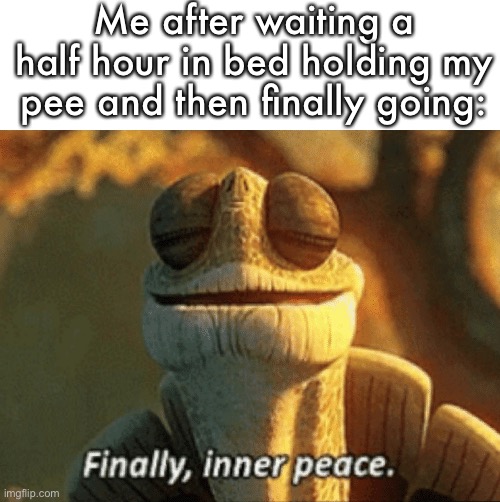 Pls tell me you can relate | Me after waiting a half hour in bed holding my pee and then finally going: | image tagged in finally inner peace | made w/ Imgflip meme maker