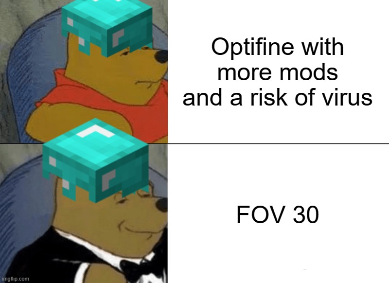 Tuxedo Winnie The Pooh | Optifine with more mods and a risk of virus; FOV 30 | image tagged in memes,tuxedo winnie the pooh | made w/ Imgflip meme maker