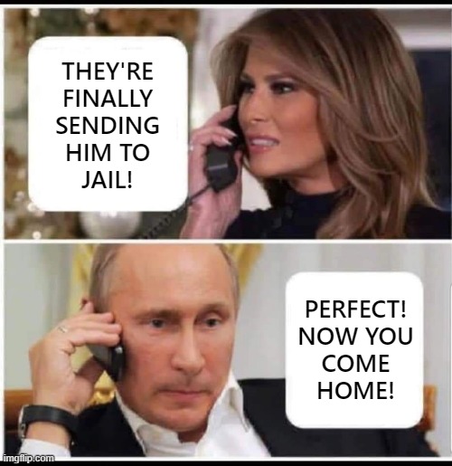 Melania and Putin happy Trump going to jail | THEY'RE
FINALLY
SENDING
HIM TO
JAIL! PERFECT!
NOW YOU
COME
HOME! | image tagged in trump,melania,putin,jail,criminal,affair | made w/ Imgflip meme maker