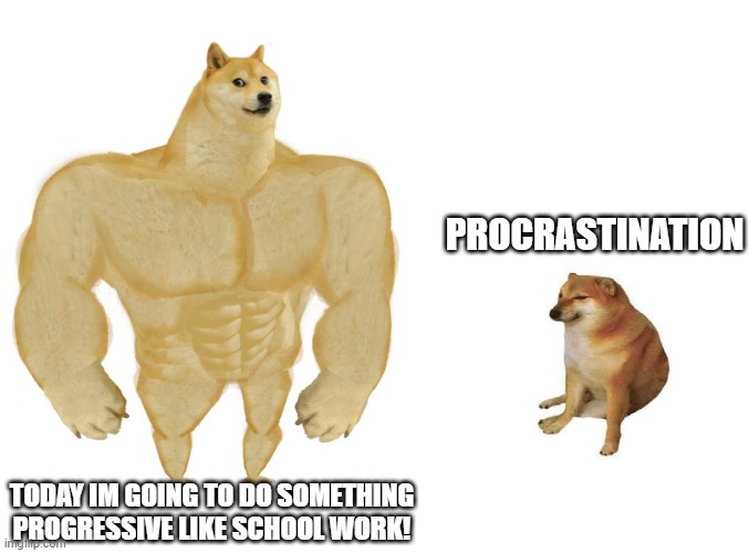 I hate school | PROCRASTINATION; TODAY IM GOING TO DO SOMETHING PROGRESSIVE LIKE SCHOOL WORK! | image tagged in big dog small dog | made w/ Imgflip meme maker