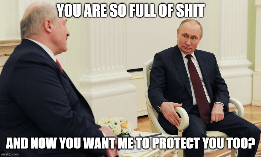 putin and lukashenko | YOU ARE SO FULL OF SHIT; AND NOW YOU WANT ME TO PROTECT YOU TOO? | image tagged in vladimir putin,kidnapping,belarus,stupidity | made w/ Imgflip meme maker