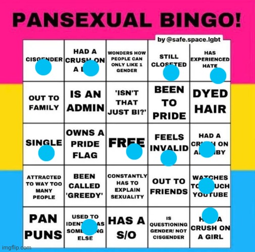 I'm not pansexual but I'm bored ;-; (literally almost shared this with my cousin and freaked out 0_0) | image tagged in pansexual bingo | made w/ Imgflip meme maker