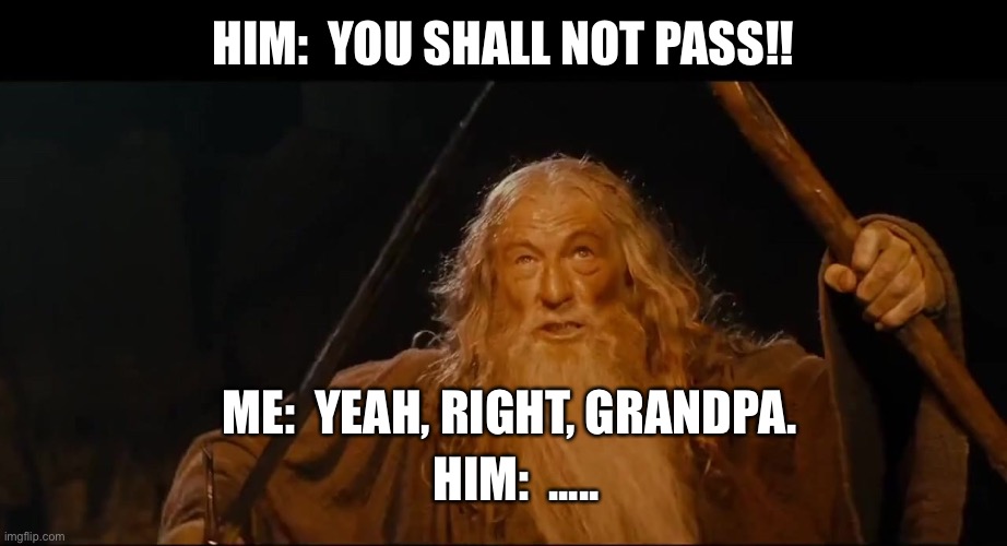 You shall not | HIM:  YOU SHALL NOT PASS!! ME:  YEAH, RIGHT, GRANDPA. HIM:  ..... | image tagged in you shall not | made w/ Imgflip meme maker