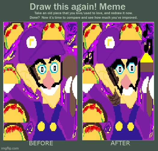 The Before and After pixel artwork of Waluigi Taco Party | image tagged in draw this again meme template,waluigi,drawings,drawing,art,memes | made w/ Imgflip meme maker