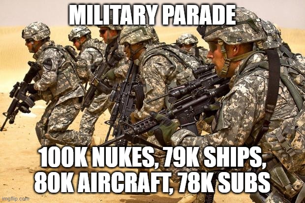 Deus Vult! We're doing pretty good. We also got 80K Tanks, 99K Missiles, and nuclear powered missiles. We have a defense system | MILITARY PARADE; 100K NUKES, 79K SHIPS, 80K AIRCRAFT, 78K SUBS | image tagged in military | made w/ Imgflip meme maker