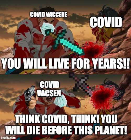 think covid | COVID VACCENE; COVID; YOU WILL LIVE FOR YEARS!! COVID VACSEN; THINK COVID, THINK! YOU WILL DIE BEFORE THIS PLANET! | image tagged in invincible think mark think | made w/ Imgflip meme maker