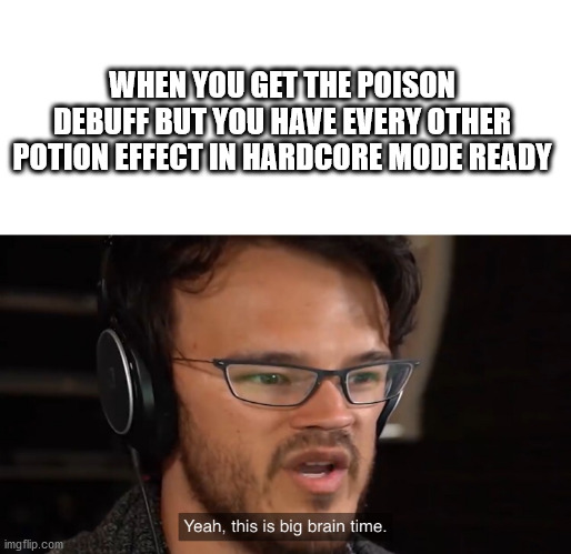 Yeah, this is big brain time | WHEN YOU GET THE POISON DEBUFF BUT YOU HAVE EVERY OTHER POTION EFFECT IN HARDCORE MODE READY | image tagged in yeah this is big brain time | made w/ Imgflip meme maker