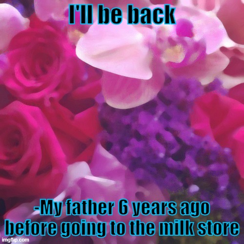): | I'll be back; -My father 6 years ago before going to the milk store | image tagged in flowers | made w/ Imgflip meme maker