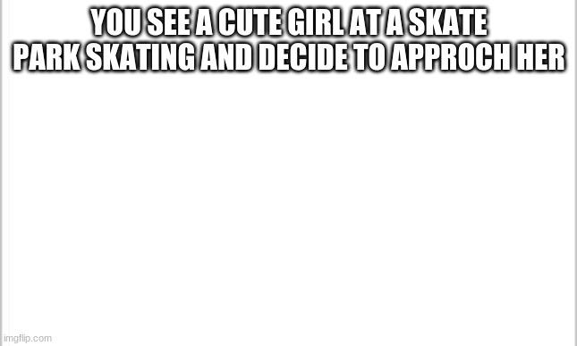 yuhuiabfviuybsih b | YOU SEE A CUTE GIRL AT A SKATE PARK SKATING AND DECIDE TO APPROCH HER | image tagged in white background | made w/ Imgflip meme maker