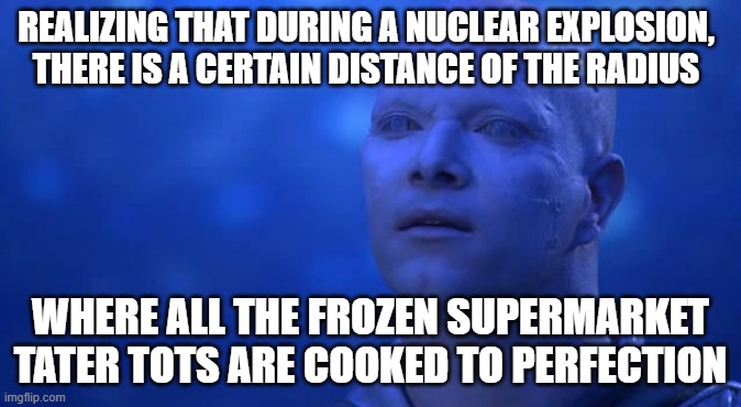 Prior Beachhead | REALIZING THAT DURING A NUCLEAR EXPLOSION, THERE IS A CERTAIN DISTANCE OF THE RADIUS; WHERE ALL THE FROZEN SUPERMARKET TATER TOTS ARE COOKED TO PERFECTION | image tagged in stargate | made w/ Imgflip meme maker