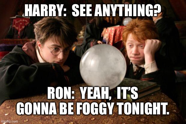 Harry Potter meme | HARRY:  SEE ANYTHING? RON:  YEAH,  IT’S GONNA BE FOGGY TONIGHT. | image tagged in harry potter meme | made w/ Imgflip meme maker