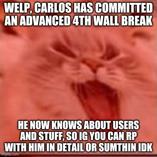 when the | WELP, CARLOS HAS COMMITTED AN ADVANCED 4TH WALL BREAK; HE NOW KNOWS ABOUT USERS AND STUFF, SO IG YOU CAN RP WITH HIM IN DETAIL OR SUMTHIN IDK | image tagged in when the | made w/ Imgflip meme maker