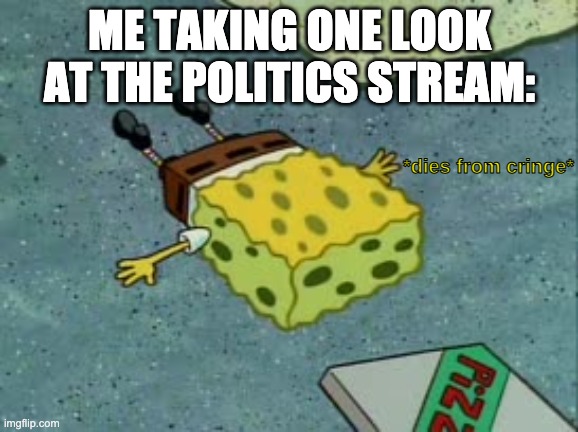 Dies from cringe | ME TAKING ONE LOOK AT THE POLITICS STREAM: | image tagged in dies from cringe | made w/ Imgflip meme maker