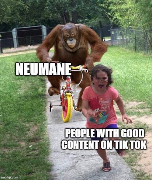 Orangutan chasing girl on a tricycle | NEUMANE; PEOPLE WITH GOOD CONTENT ON TIK TOK | image tagged in orangutan chasing girl on a tricycle | made w/ Imgflip meme maker