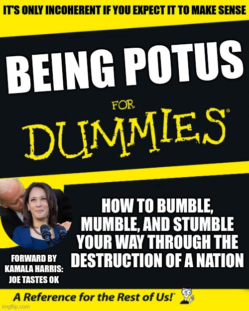 His masterpiece - of garbage | IT'S ONLY INCOHERENT IF YOU EXPECT IT TO MAKE SENSE; BEING POTUS; HOW TO BUMBLE, MUMBLE, AND STUMBLE YOUR WAY THROUGH THE DESTRUCTION OF A NATION; FORWARD BY KAMALA HARRIS: JOE TASTES OK | image tagged in for dummies | made w/ Imgflip meme maker