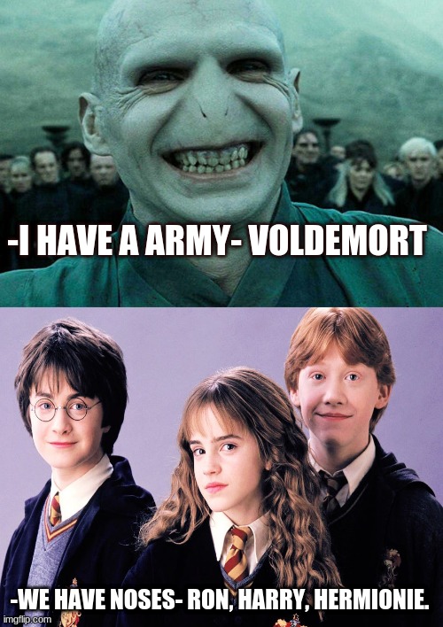 Harry potter meme | -I HAVE A ARMY- VOLDEMORT; -WE HAVE NOSES- RON, HARRY, HERMIONIE. | image tagged in memes,evil toddler | made w/ Imgflip meme maker
