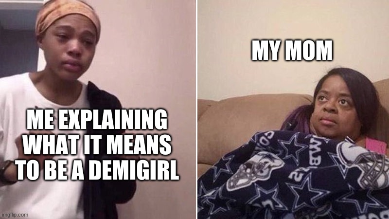 Me explaining to my mom | MY MOM; ME EXPLAINING WHAT IT MEANS TO BE A DEMIGIRL | image tagged in me explaining to my mom | made w/ Imgflip meme maker