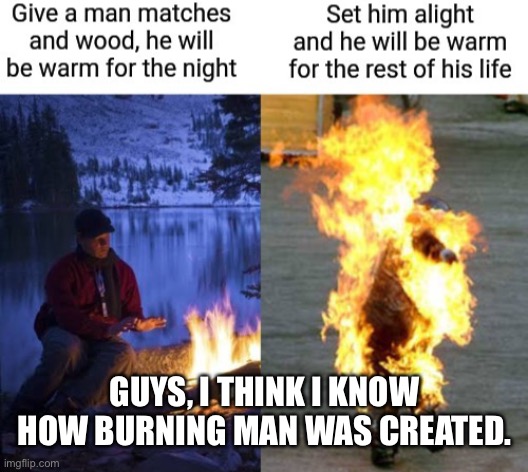 Oh noooo | GUYS, I THINK I KNOW HOW BURNING MAN WAS CREATED. | image tagged in scp meme | made w/ Imgflip meme maker