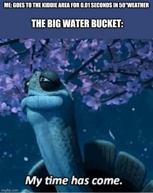 bruh | ME: GOES TO THE KIDDIE AREA FOR 0.01 SECONDS IN 50°WEATHER; THE BIG WATER BUCKET: | image tagged in my time has come | made w/ Imgflip meme maker