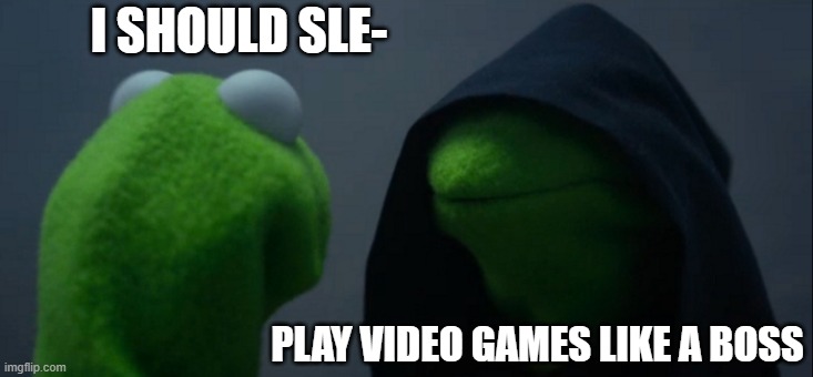 Evil Kermit | I SHOULD SLE-; PLAY VIDEO GAMES LIKE A BOSS | image tagged in memes,evil kermit | made w/ Imgflip meme maker