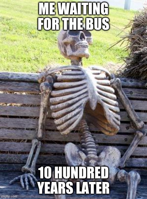 me waiting for the bus | ME WAITING FOR THE BUS; 10 HUNDRED YEARS LATER | image tagged in memes,waiting skeleton | made w/ Imgflip meme maker