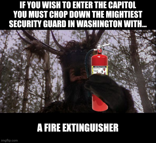 What really happened on January 6th | IF YOU WISH TO ENTER THE CAPITOL YOU MUST CHOP DOWN THE MIGHTIEST SECURITY GUARD IN WASHINGTON WITH... A FIRE EXTINGUISHER | image tagged in bad photoshop,monty python and the holy grail,the knights who say ni,a herring | made w/ Imgflip meme maker