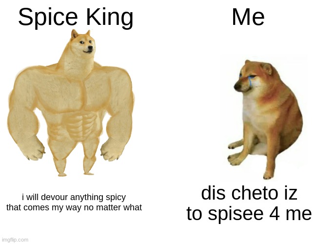 spice king vs me | Spice King; Me; i will devour anything spicy that comes my way no matter what; dis cheto iz to spisee 4 me | image tagged in memes,buff doge vs cheems | made w/ Imgflip meme maker