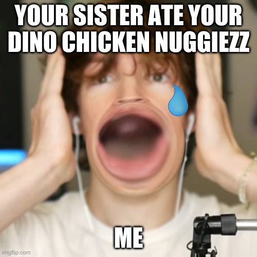 Flamingo surprised | YOUR SISTER ATE YOUR DINO CHICKEN NUGGIEZZ; ME | image tagged in flamingo surprised | made w/ Imgflip meme maker