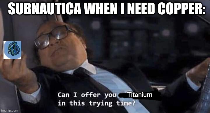 NO I NEED COPPER STUPID | SUBNAUTICA WHEN I NEED COPPER:; Titanium | image tagged in can i offer you a nice egg in this trying time | made w/ Imgflip meme maker