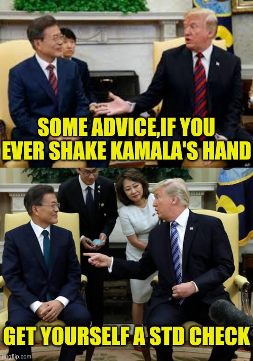 kamala Hand shake | SOME ADVICE,IF YOU EVER SHAKE KAMALA'S HAND GET YOURSELF A STD CHECK | image tagged in donald trump,kamala harris,handshake | made w/ Imgflip meme maker