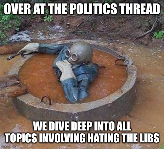 dive into septic | OVER AT THE POLITICS THREAD WE DIVE DEEP INTO ALL TOPICS INVOLVING HATING THE LIBS | image tagged in dive into septic | made w/ Imgflip meme maker