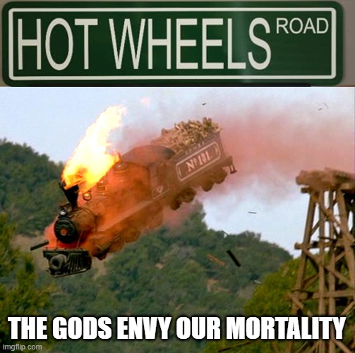 THE GODS ENVY OUR MORTALITY | image tagged in trainwreck | made w/ Imgflip meme maker