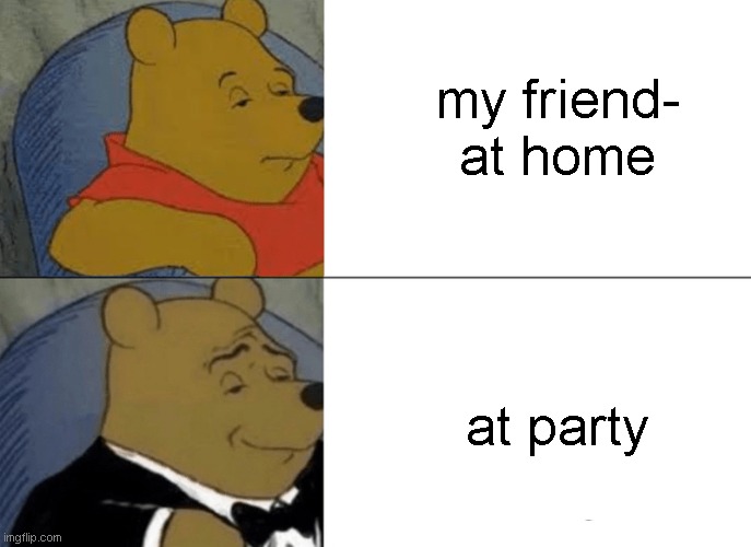 fun | my friend- at home; at party | image tagged in memes,tuxedo winnie the pooh | made w/ Imgflip meme maker