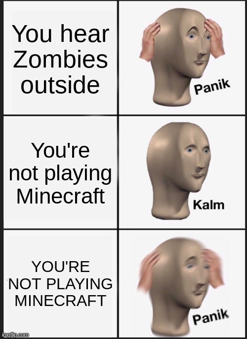 Panik Kalm Panik | You hear Zombies outside; You're not playing Minecraft; YOU'RE NOT PLAYING MINECRAFT | image tagged in memes,panik kalm panik | made w/ Imgflip meme maker