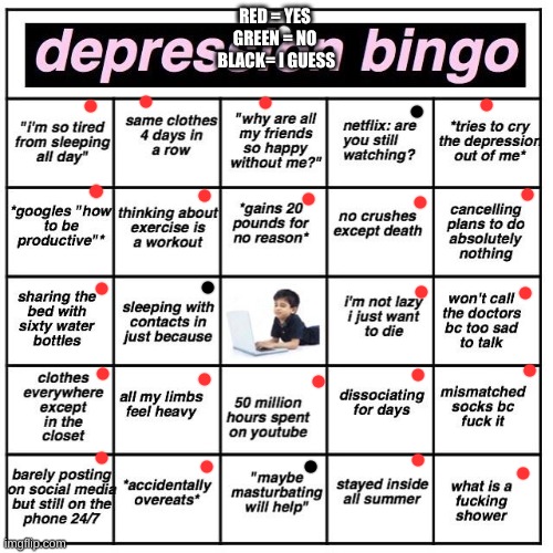 Depression bingo | RED = YES 
GREEN = NO 
BLACK= I GUESS | image tagged in depression bingo | made w/ Imgflip meme maker