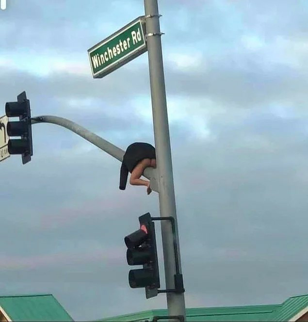 High Quality Man wearing only a coat on traffic lights pole Blank Meme Template