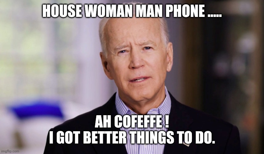 Joe Biden 2020 | HOUSE WOMAN MAN PHONE ..... AH COFEFFE !
I GOT BETTER THINGS TO DO. | image tagged in joe biden 2020 | made w/ Imgflip meme maker