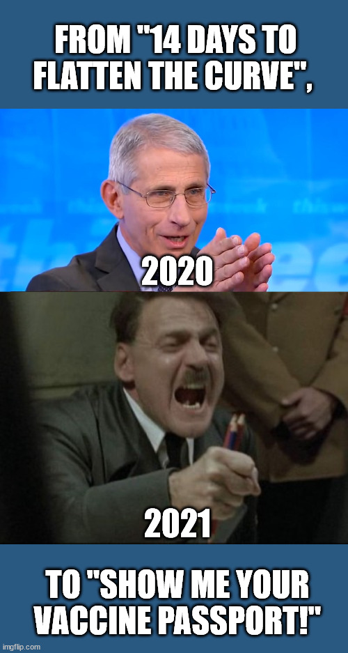  FROM "14 DAYS TO FLATTEN THE CURVE", 2020; 2021; TO "SHOW ME YOUR VACCINE PASSPORT!" | image tagged in dr fauci 2020,hitler downfall | made w/ Imgflip meme maker